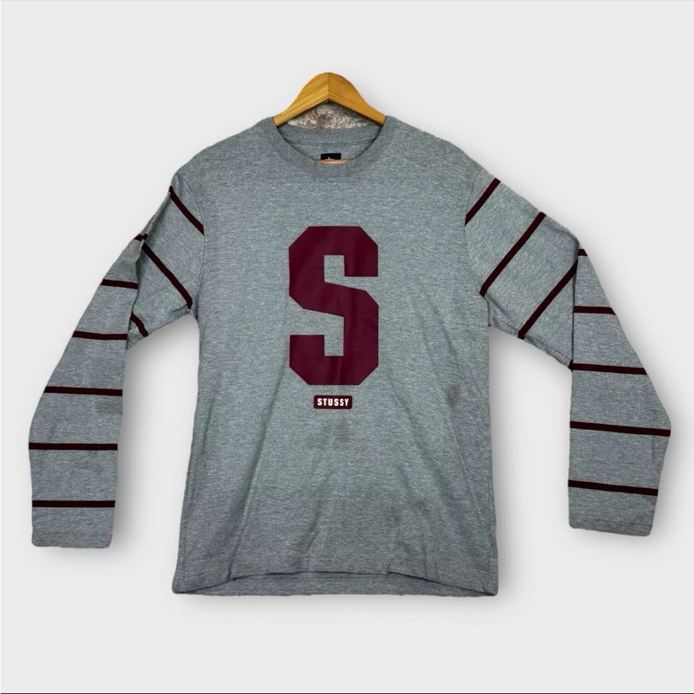 Vintage Stussy Sweatshirt Mens Large Gray Big S Logo Print Striped Sleeve Preppy
